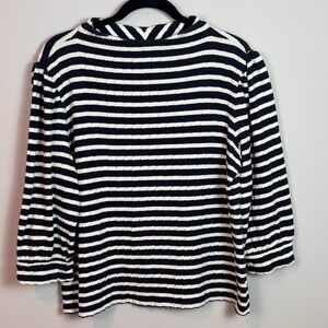 Talbots Womens Navy white striped textured knit 3/4 sleeve funnel neck top sz LG